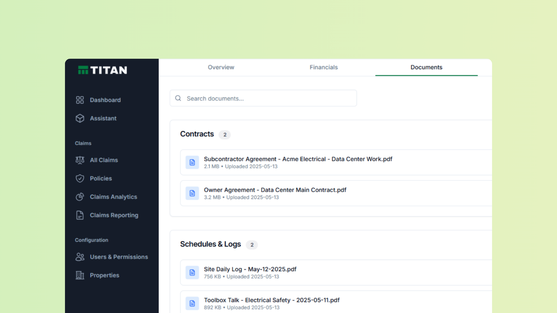 Unified claims documentation interface showing organized file management