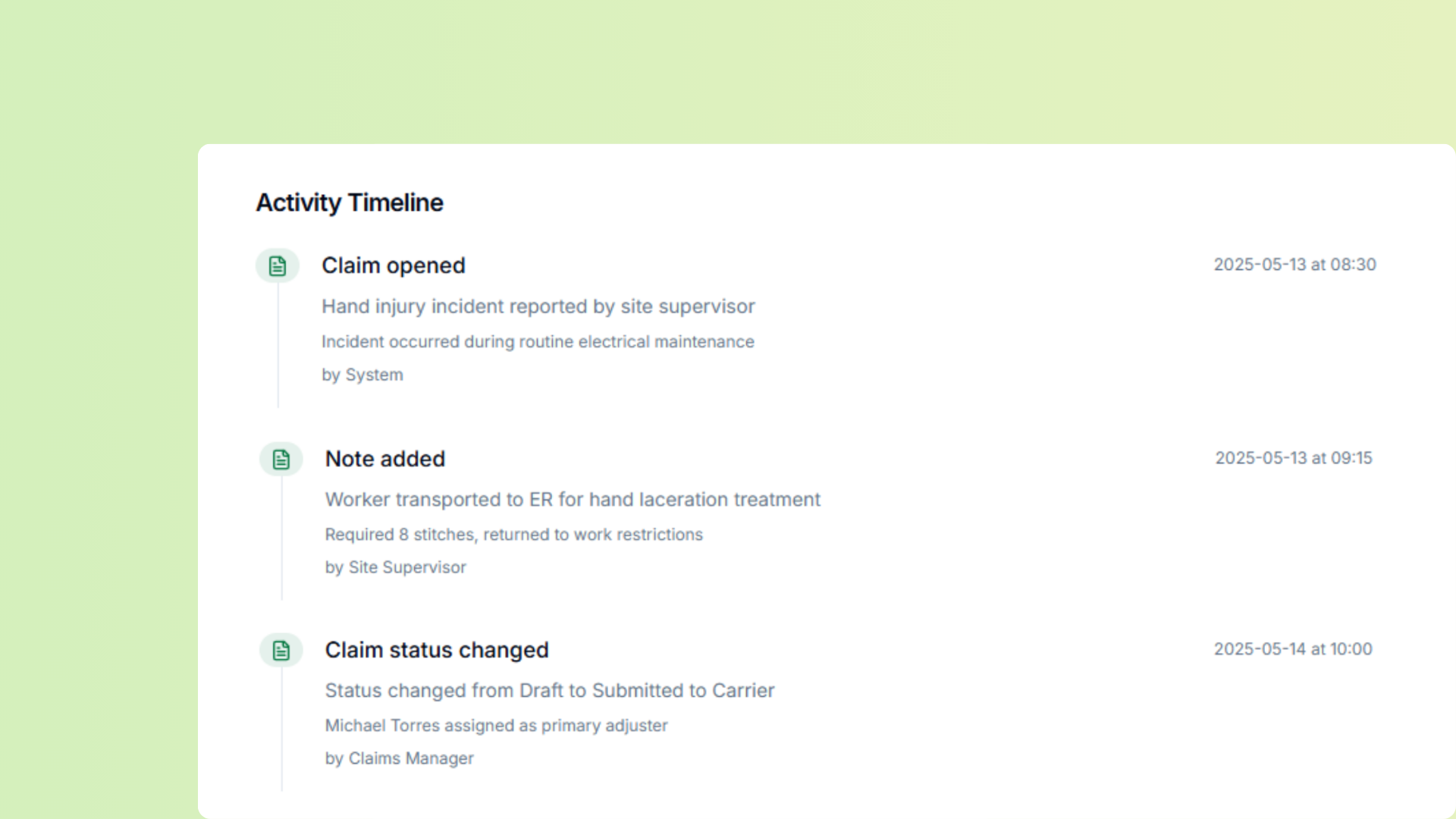 Claims history timeline showing chronological progression and status updates