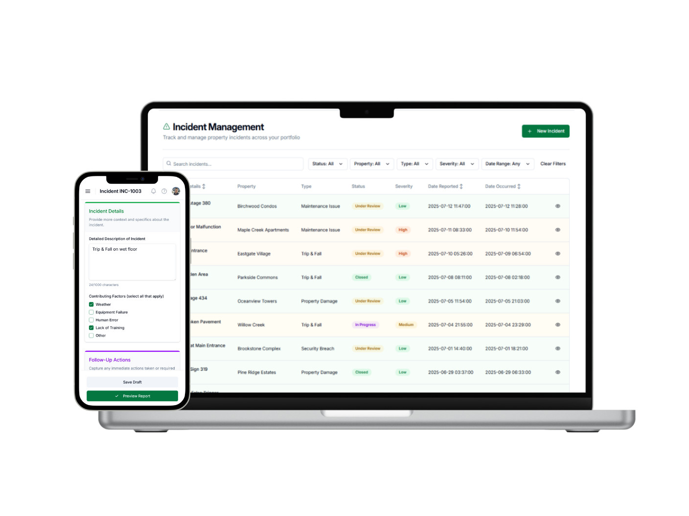 Incident reporting dashboard with laptop and mobile interface