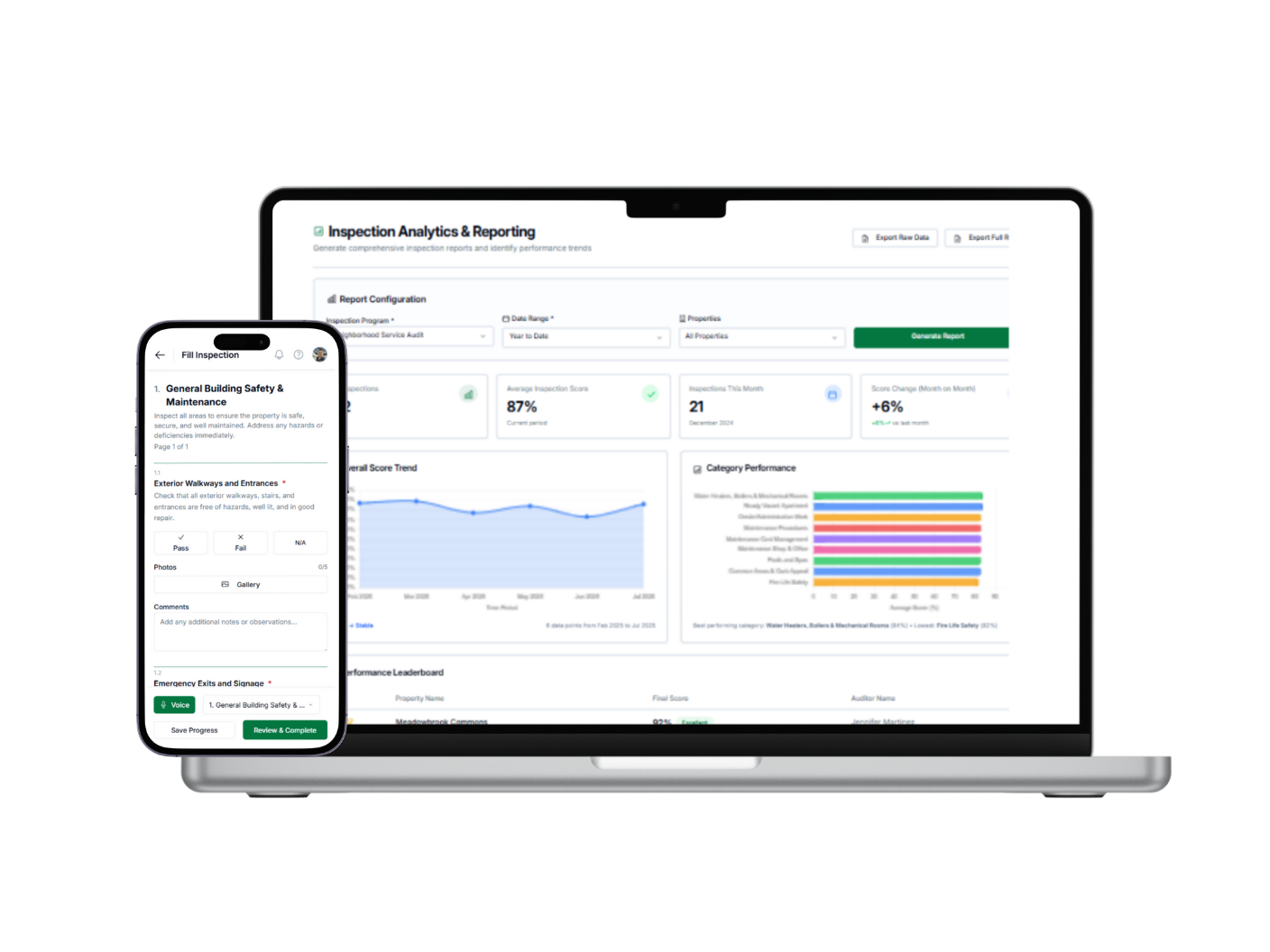 Mobile inspections dashboard with laptop and mobile interface