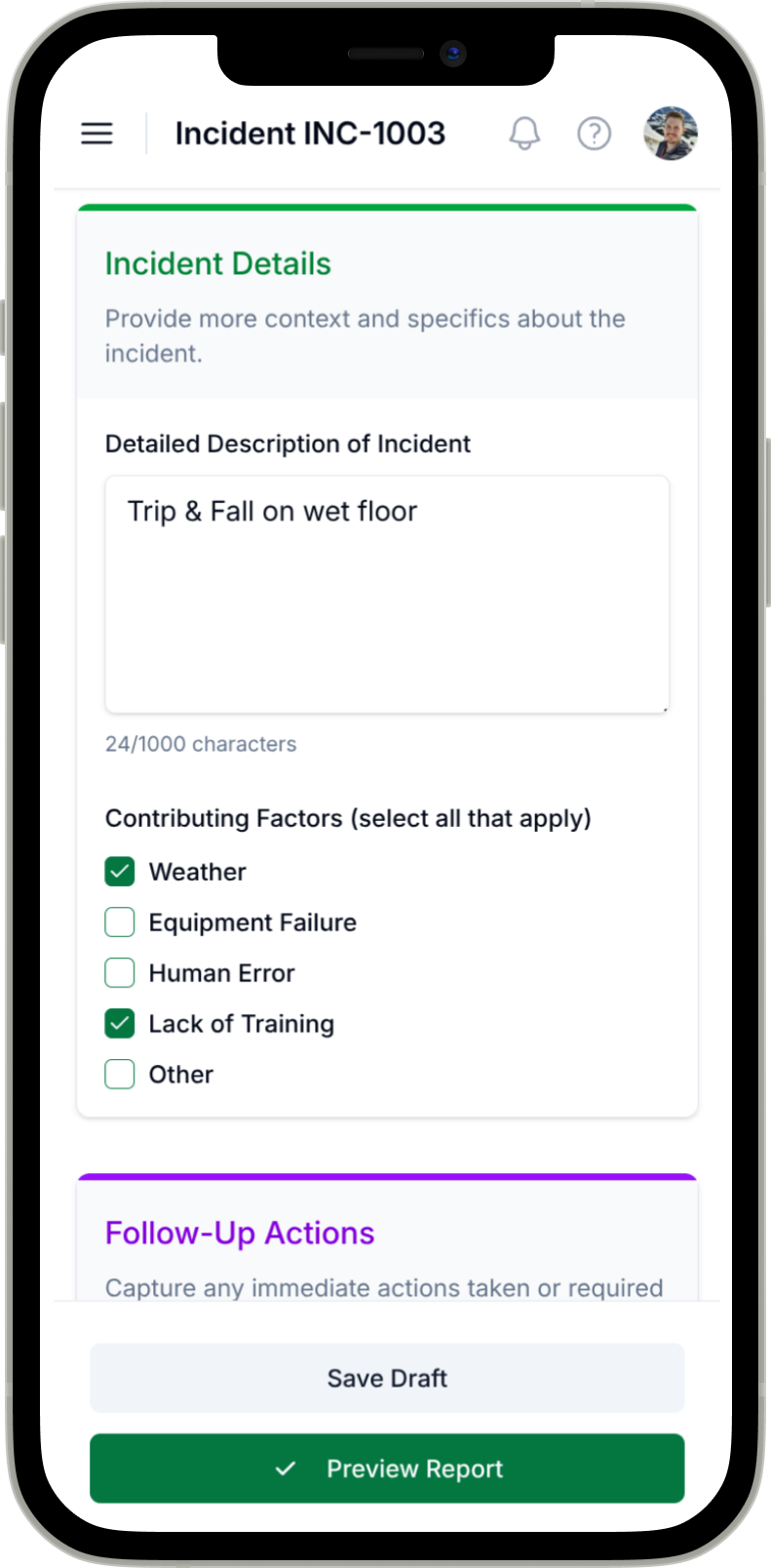 Mobile incident reporting interface designed for retail staff with customer-focused workflows